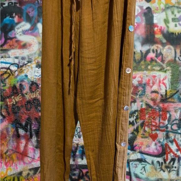 Women's Tan Wide Leg Pants with Button Detail - Picture 3 of 6
